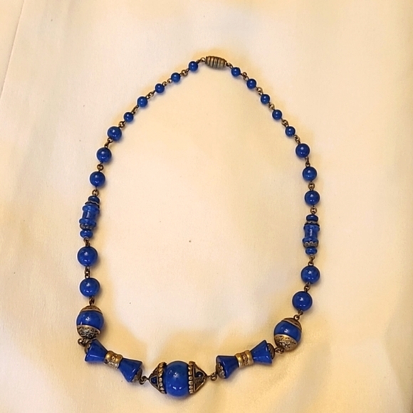 NEIGER Brothers? ANTIQUE BLUE GLASS AND BRASS NECKLACE.